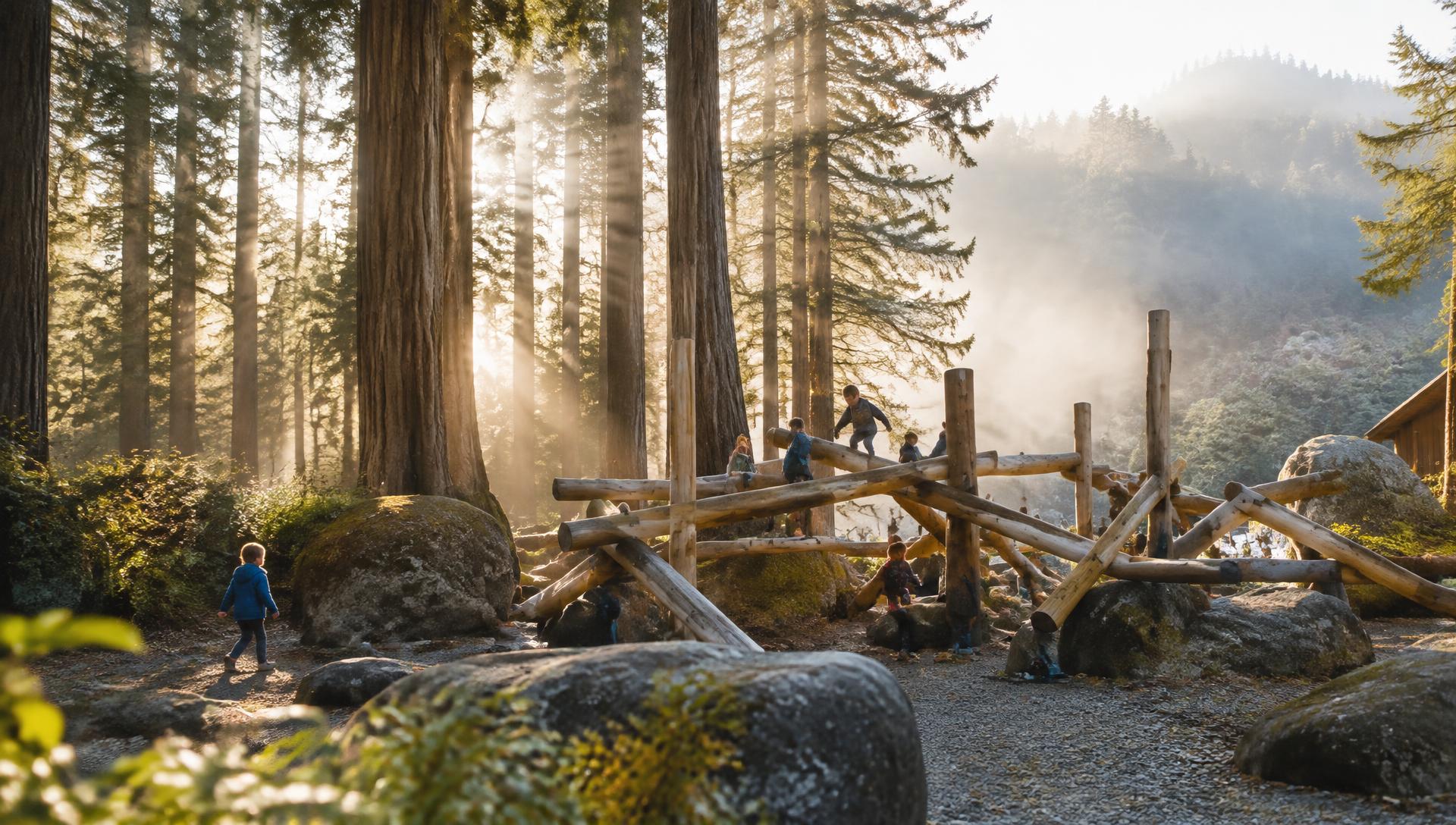 Children climbing a robinia log structure among redwoods